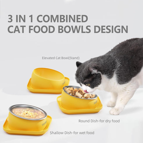 Tilted Cat Food Bowls, Cat Feeding Bowls Whisker Friendly, Raised Cat Bowls for Indoor Cats, Slanted Flat Plastic Feeder Elevated Angled Design, 3...