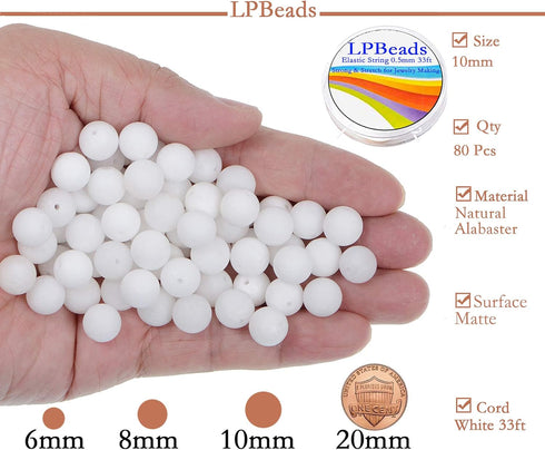 10mm Natural Matte White Alabaster Round Gemstone Frosted 80Pcs Loose Beads for Jewelry Making Bracelet with Stretch Beading Cord LPBeads...