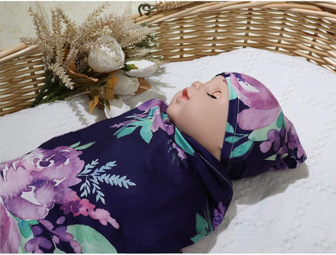 Newborn Swaddle Blanket with Beanie Set,Soft Stretchy Blanket for 0-3 Months Baby Boys and Girls(Purple Flower)...