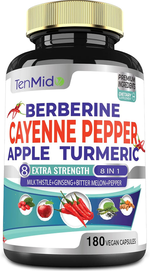 Cayenne Pepper Supplements Extract Capsules 6050mg, 180 Capsules & Berberine, Apple, Turmeric Curcumin, Bitter Melon, Ginseng, Milk Thistle| Suppo...