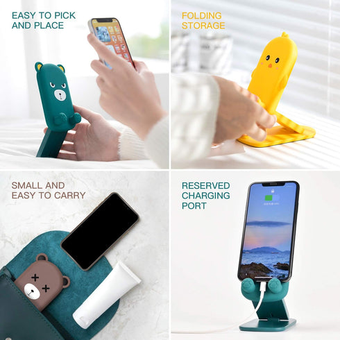 Cute Cell Phone Stand Foldable Adjustable Animal Phone Holder for Desk Silicone Protection Compatible with iPhone 16 15 14 13 12 Pro Max iPad Tabl...
