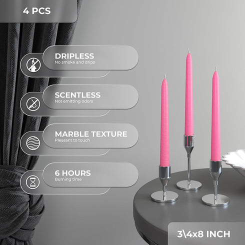CANDWAX 8 inch Taper Candles Set of 4 - Dripless and Smokeless Candle Unscented - Slow Burning Candle Sticks - Pink Candles Taper...