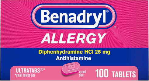 Benadryl Ultratabs Allergy Relief Medicine, 25 mg Diphenhydramine HCl Antihistamine Tablets For Relief of Cold & Allergy Symptoms Like Sneezing, R...