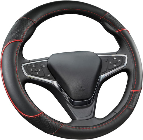 GIANT PANDA Steering Wheel Cover for Chevy Silverado - Car Steering Wheel Cover for Chevrolet Colorado Tahoe -Black+Red Trim...