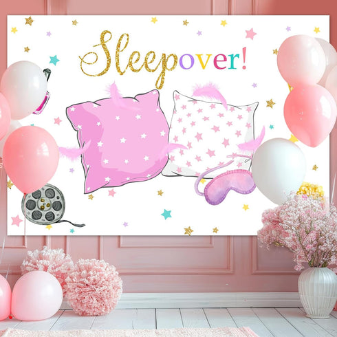 Mocsicka Sleepover Party Backdrop Sleepover Pajamas Pillow Fight Pink Girl Party Decorations Slumber Party Banner Photography Background Cake Tabl...