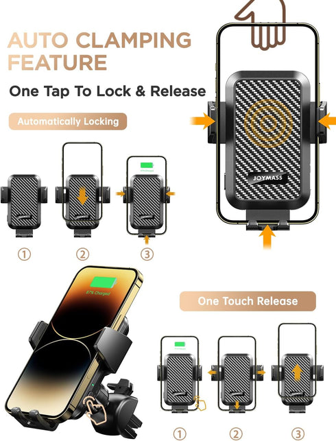 Wireless Car Charger, 15W Fast Charging Auto Clamping Car Charger Cell Phone Holder Mount Vent for iPhone 15 14 13 12 Mini Pro Max 11 XR XS X, Sam...