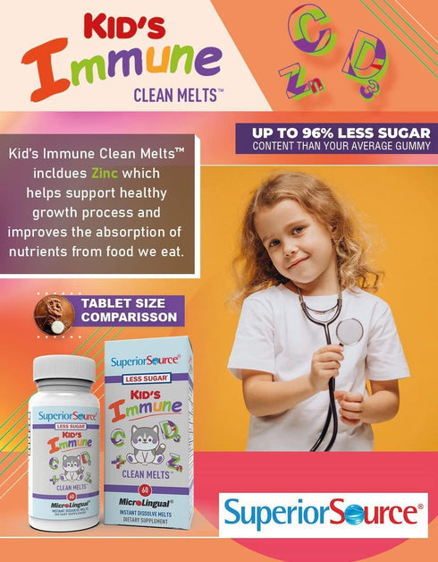 Superior Source Kid’s Immune, Clean Melts, Quick Dissolve MicroLingual Tablets, 60 Ct, Alternative to Gummies, Zinc (2 mg), Vitamin C (30 mg), D3 ...