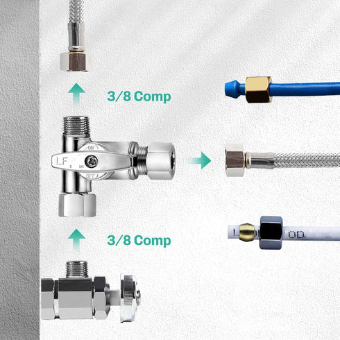Lead-Free Brass 1Pcs Chrome-Plated Add-A-Tee 3-Way,3/8 Inch x 3/8 Inch x 3/8 Inch Angle Stop Valve For Reverse Osmosis Water Filters,Ice Maker,Ref...