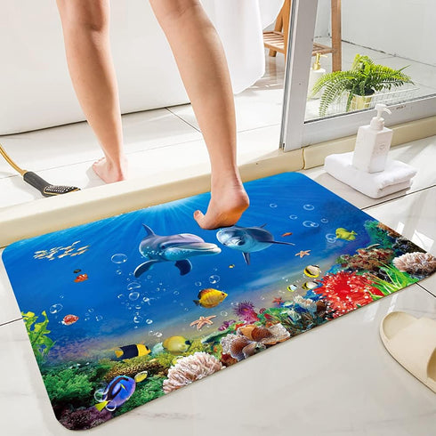 Blue Dolphin Ocean Print 17MM Thick Memory Foam Bathroom Carpet Mat Non-Slip Absorbent Super Bath Mats Comfortable Flannel Bathroom Bed Rug 35 X 2...