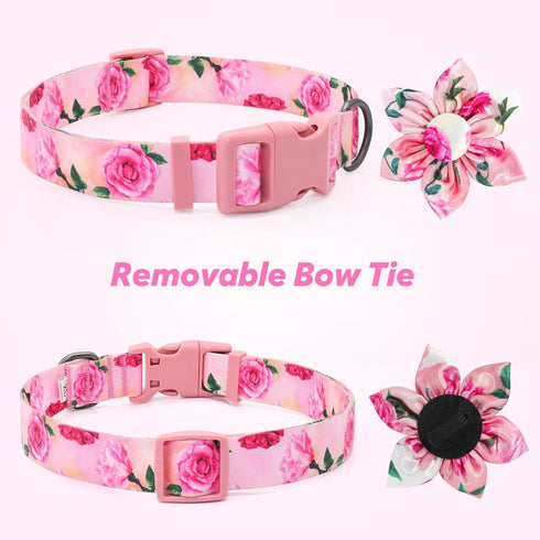 Dog Collar Floral Girl Pink Dog Collar with Rose Flower Bow Tie Dog Collar for Cute Female Cats Dogs Spring Summer Season Dog Collar for Small Med...