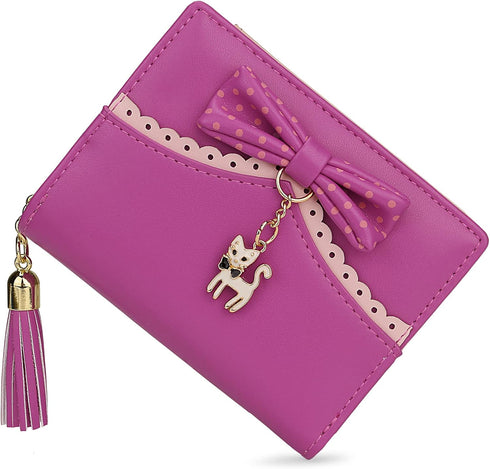 Uromee Girls Wallet Small Card Holder Women Purse Bifold Vegan Leather Zipper Coin Pocket Cute Cat Pendant Tassel...