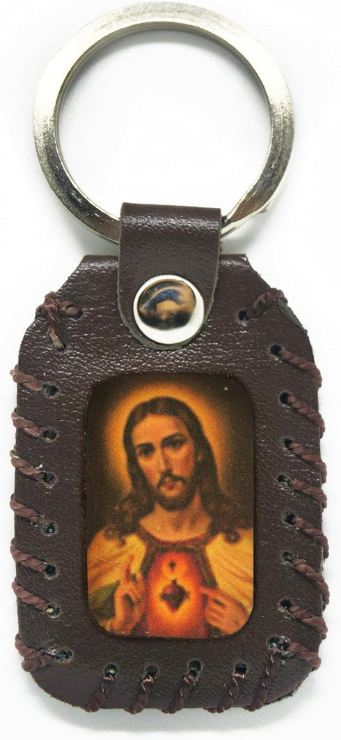 Catholic Keychain Brown Leather Handmade of Sacred Heart of Jesus & Guadalupe Virgin 4cm x 6cm by Zaraleas...