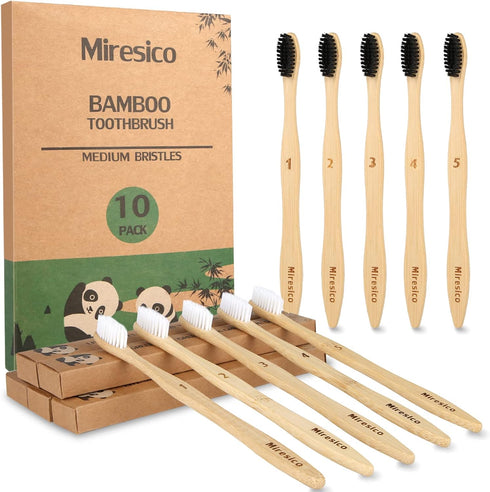 Bamboo Toothbrushes (10 Pack), BPA Free Toothbrush Medium with Firm Bristles, Eco-Friendly, Natural Biodegradable & Compostable Charcoal Wooden To...