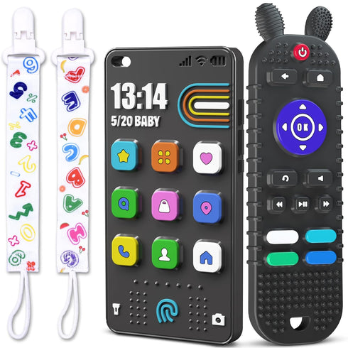 TV Remote Control Shape Baby Teething Toys and Phone Shape Teether Toys for Babies 6-12 Months, Soft Flexible Silicone Chew Toys for Baby - Black...