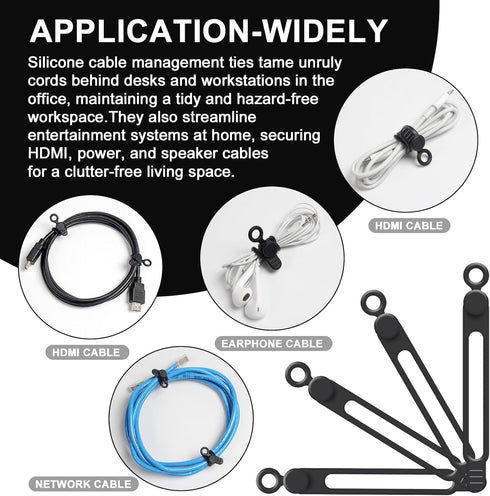 48Pcs Cord Organizer Kit, Reusable Elastic Silicone Cable Ties, Strong Adhesive Cable Clips for Cable Management, Multipurpose Wire Management for...