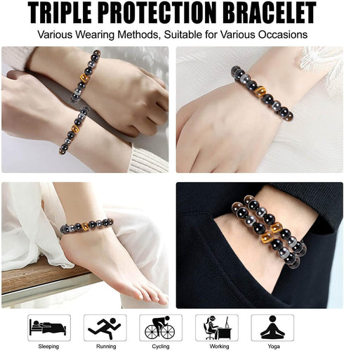 HOZEAL Triple Protection Bracelet, Black Obsidian Tiger Eye Stone Hematite Wealth Bracelets for Men Women for Bring Luck and Prosperity, Beaded Bu...