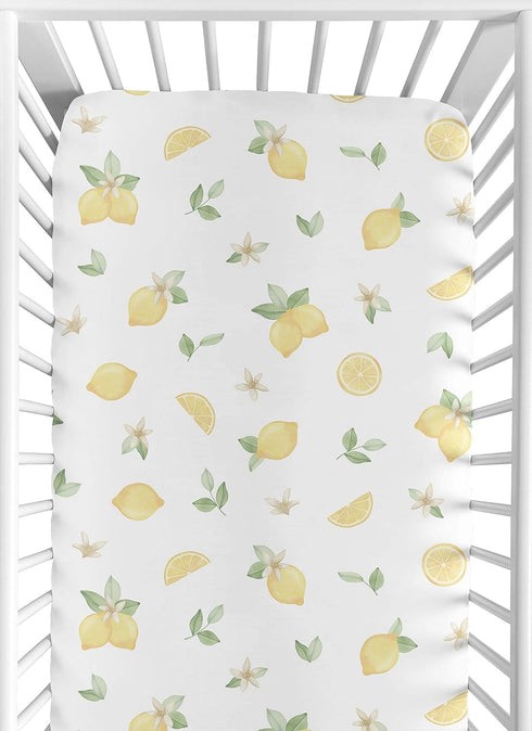Sweet Jojo Designs Lemon Floral Girl Fitted Crib Sheet Baby or Toddler Bed Nursery - Yellow Green Beige White Watercolor Boho Bohemian Farmhouse F...