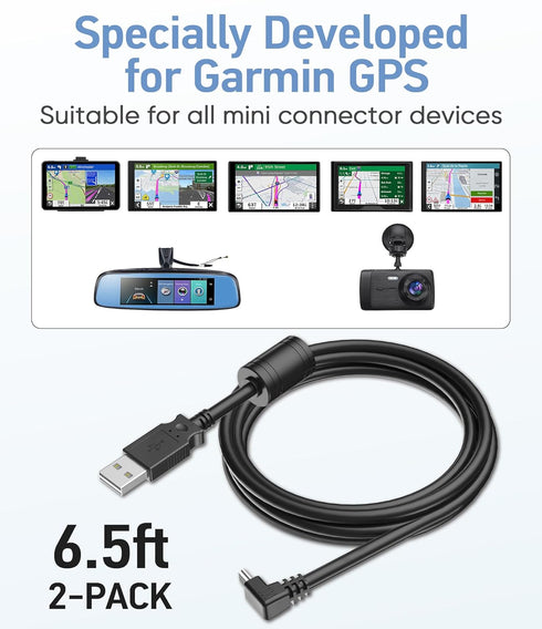 18AWG Charging Cable for Garmin GPS,(6.5Ft 2Pcs) Thicker GPS Power Cord,90 Degree Shielding Mini USB Charger Cable,Charging Adapter for Garmin GPS...