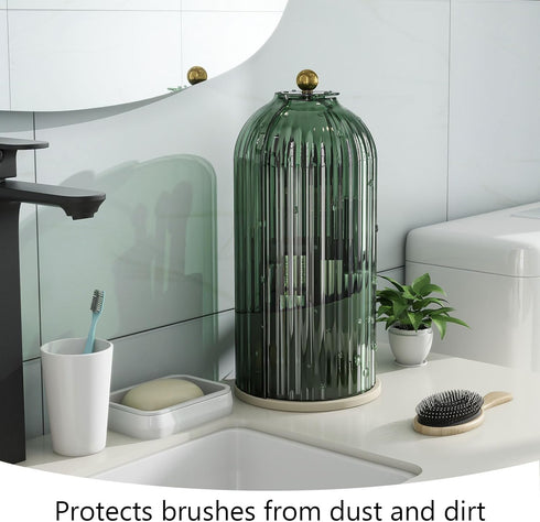 Makeup Brush Holder with Dustproof Cover 360 Rotating Makeup Brush Organizer for Vanity Bathroom, Green...