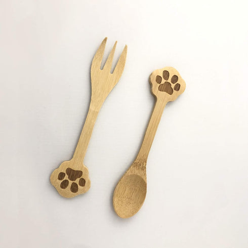 Set of 2 Doggy Paw Themed Bamboo Spoon and Fork Set for Kids | Appetizer Fruit Dessert Ice Cream Yogurt Spice Salt Sugar Spoon and Fork...