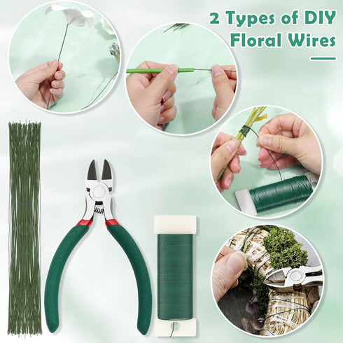 PAXCOO Floral Tape and Floral Wire Arrangement Tool Kit with Green Floral Tape, Floral Wire, Boutonniere Flower pin, Wire Cutter, White Ribbon and...