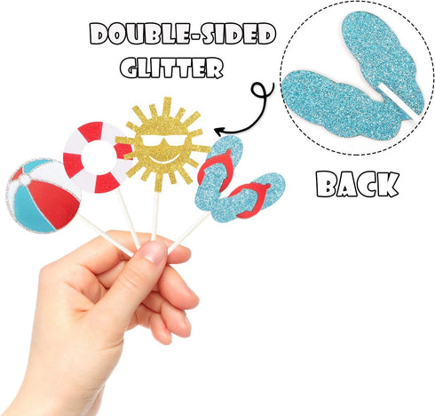 24Pcs Glitter Summer Beach Cupcake Toppers Pool Party Cupcake Picks For Hawaiian Theme Birthday Wedding Party Baby Shower Summer Luau Party Decora...