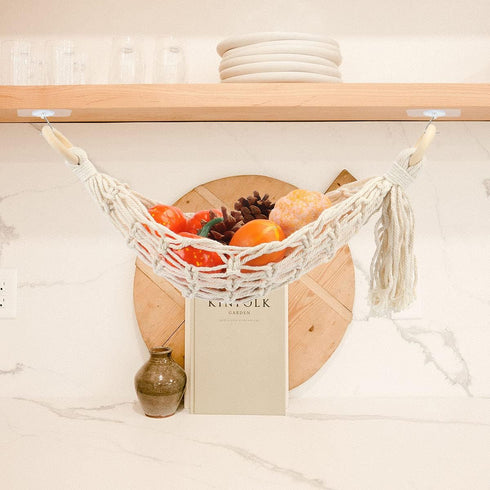 Hanging Fruit Hammock Under Cabinet Hanging Basket Includes Hooks - Macrame Bohemian Hanging Banana Vegetable Hammocks Kitchen Storage Counter Spa...