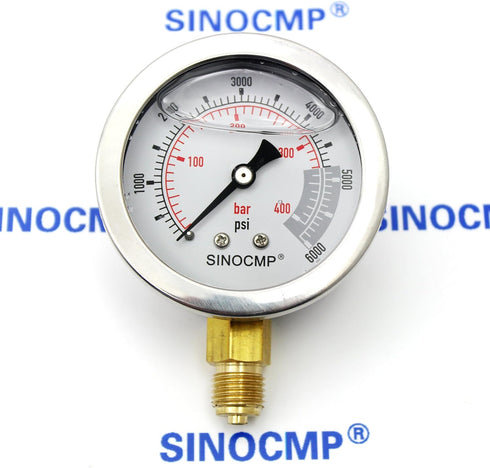 SINOCMP 40Mpa/0-400bar/0-6000PSI Economical Multi Purpose Double Scale Stainless Steel Glycerin Filled Hydraulic Pressure Gauge...