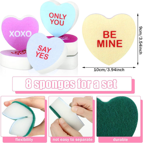 Domensi 8pcs Valentine's Day Candy Heart Shaped Kitchen Sponges Dual Sided Scrub Dish Sponges Reusable with Love You Kiss Me Non Scratch Sponge fo...