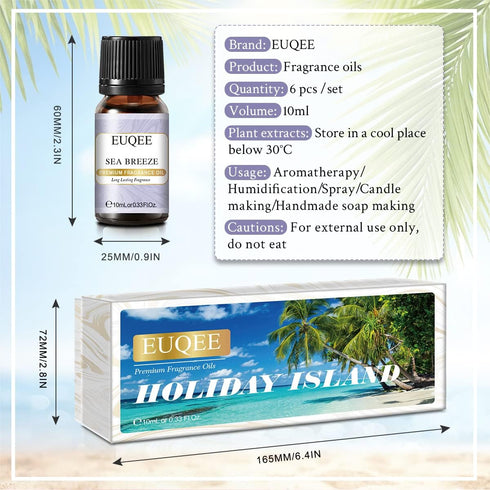 Holiday Island Fragrance Oil Gift Set of 6 Summer Fragrance Essential Oils Set for Humidifier, Aromarathepy - 10ml - Pineapple, Coconut, Sea Breez...