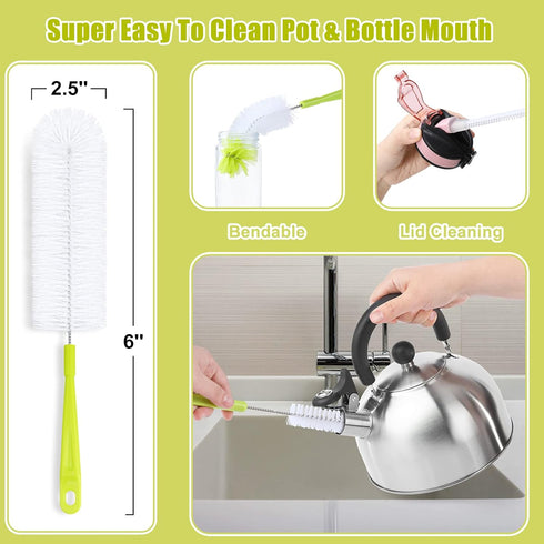 Bottle Cleaning Brush Set - Long Handle Bottle Cleaner for Washing Narrow Neck Beer Bottles, Sports Water Bottles with Straw Brush, Kettle Spout/L...