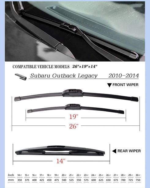 3 Wipers Factory Replacement for Subaru Outback Legacy 2010 2011 2012 2013 2014 Original Equipment Windshield Wiper Blades Set 26"+19"+14" (Set of...