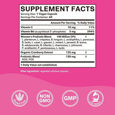 Women’s Probiotics, 100 Billion CFU, 18 Strains, Prebiotics, Cranberry, VB6 & VC, Mood, Vaginal & Urinary Tract Health, Shelf Stable, 60 Delayed R...