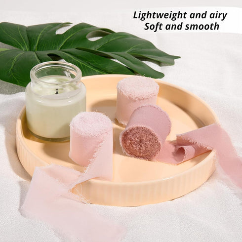 HTVRONT Chiffon Silk Ribbon 1.5" x 7Yd Soft Handmade Fringe Frayed Edged Baby Shower Bridal Bouquets Wedding Invitation Decor (Cream & Pink)...