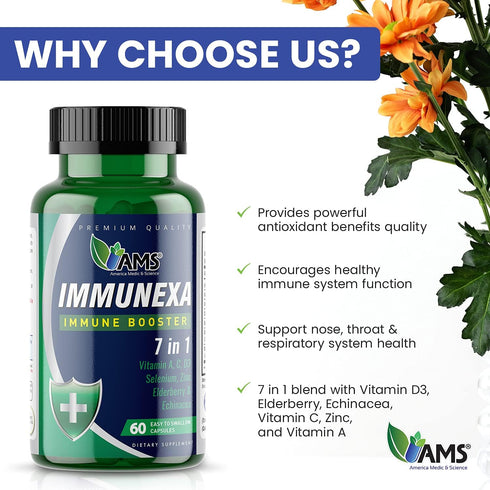 America Medic & Science Immunexa 7 in 1 Immune Support Booster (60 capsules) with Vitamin A, C, D, Zinc, Echinacea, Elderberry | Adults Immunity B...