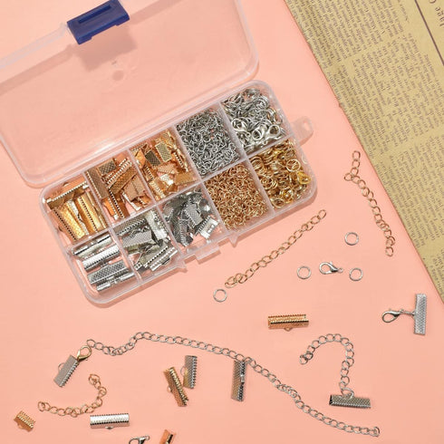373Pcs Ribbon Bracelet Kit for Jewelry Making Ribbon End Crimps Lobster Clasps Awith Jump Rings and Chain Extenders for DIY Making Bookmark Pinch ...