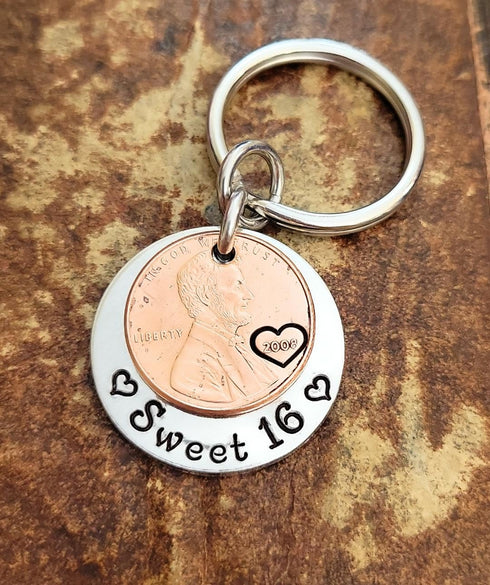 Sweet 16 Happy 16th Birthday Coin Lucky 2008 (Birth Year) Penny Key Chain Gift for Teenage New Driver...