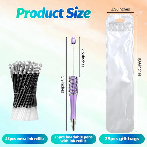 75 Pieces DIY Beadable Pens Kit - 25 Plastic Diamond Beadable Pens Bulk, Refills & Pen Bags Included - Black Ink Pens for Beads Cute Pens Bulk - P...