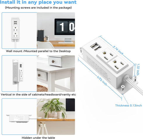 Kungfuking Power Strip with USB, Wall Mountable Socket Surge Protector Power Strip with 2 AC Outlets and 2 USB Charging Ports White Extension Cord...