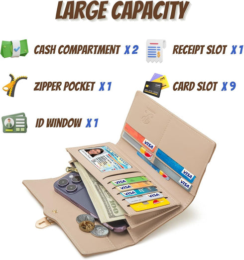 Large Capacity Trifold Clutch Wallet for Women – Handmade, RFID Blocking, Handbag with Cash, Coins, Credit Cards Compartments - Simple, Cute Purse...
