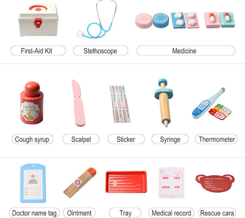 Doctor Kit for Kids - 17 Pcs Wood Medical Pretend Play Toys with Storage Box, Stethoscope and Other Accessories for Fun Role Playing Game Party Gi...