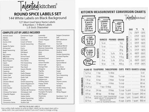 Talented Kitchen 12 Magnetic Spice Jars for Refrigerator with 3 Metal Wall Bases, 269 Preprinted Seasoning Labels, 2 Styles, 1 Cooking Conversion ...