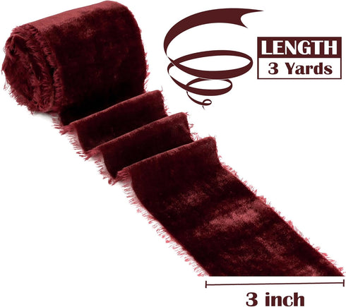 MEEDEE Burgundy Velvet Ribbon 3 Inch Burgundy Red Velvet Ribbon Fringe Velvet Ribbon Raw Edge Silk Velvet Ribbon for Wreaths, Flower Bouquet, Phot...