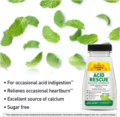 Country Life Acid Rescue Chewable Tablets - Certified Vegan & Gluten-Free Heartburn Relief, 400mg Calcium & Magnesium, Non-GMO, Sugar-Free Mint Fl...