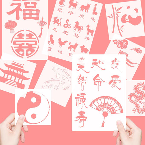 9 Pieces Chinese Stencil Set, Chinese FU Characters Stencil,Double Happiness Dragon The Great Wall Stencils Zodiac Painting Stencils for Painting ...