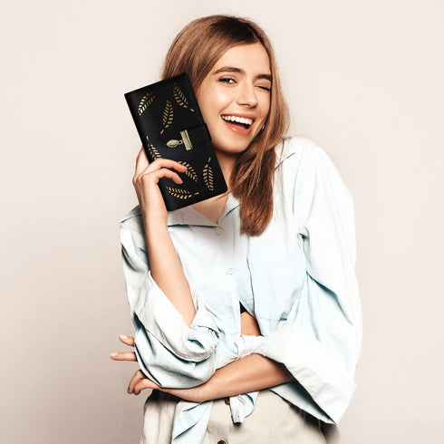 Women's Long Leaf Bifold Wallet Leather Card Holder Purse Zipper Buckle Elegant Clutch Wallet Handbag for Women - Black...