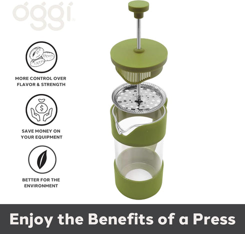 Oggi French Press Coffee Maker (12oz)- Borosilicate Glass, Coffee Press, Single Cup French Press, 3 cup Capacity, Olive...