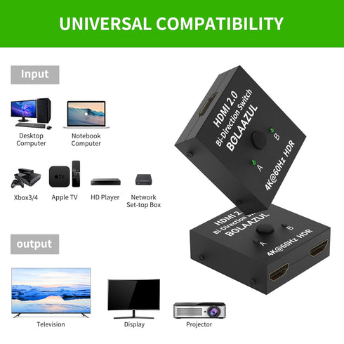 HDMI Switch 2 in 1 Out or 1 in 2 Out 4K@60Hz, Bi-Directional HDMI 2.0 Switcher 2-Way HDMI Port Expander Hub Selector Box Supports HDR, 3D, 1080P, ...