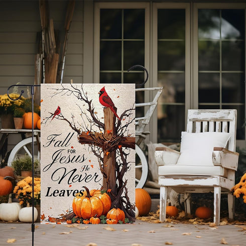 Fall For Jesus He Never Leaves Garden Flag 12x18 Inch Double Sided Outside, Autumn Thanksgiving Cardinal Pumpkin Cross Yard Outdoor Flag...