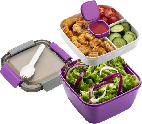 Freshmage 52-oz Lunch Container To Go - Salad Bowl With 3 Compartments and Dressing Container for Toppings, Snacks - for Men, Women (Purple)...